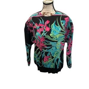 VTG 80s Jo Hardin Black Floral Print Long Sleeve Blouse Top Women Sz 14 USA Made